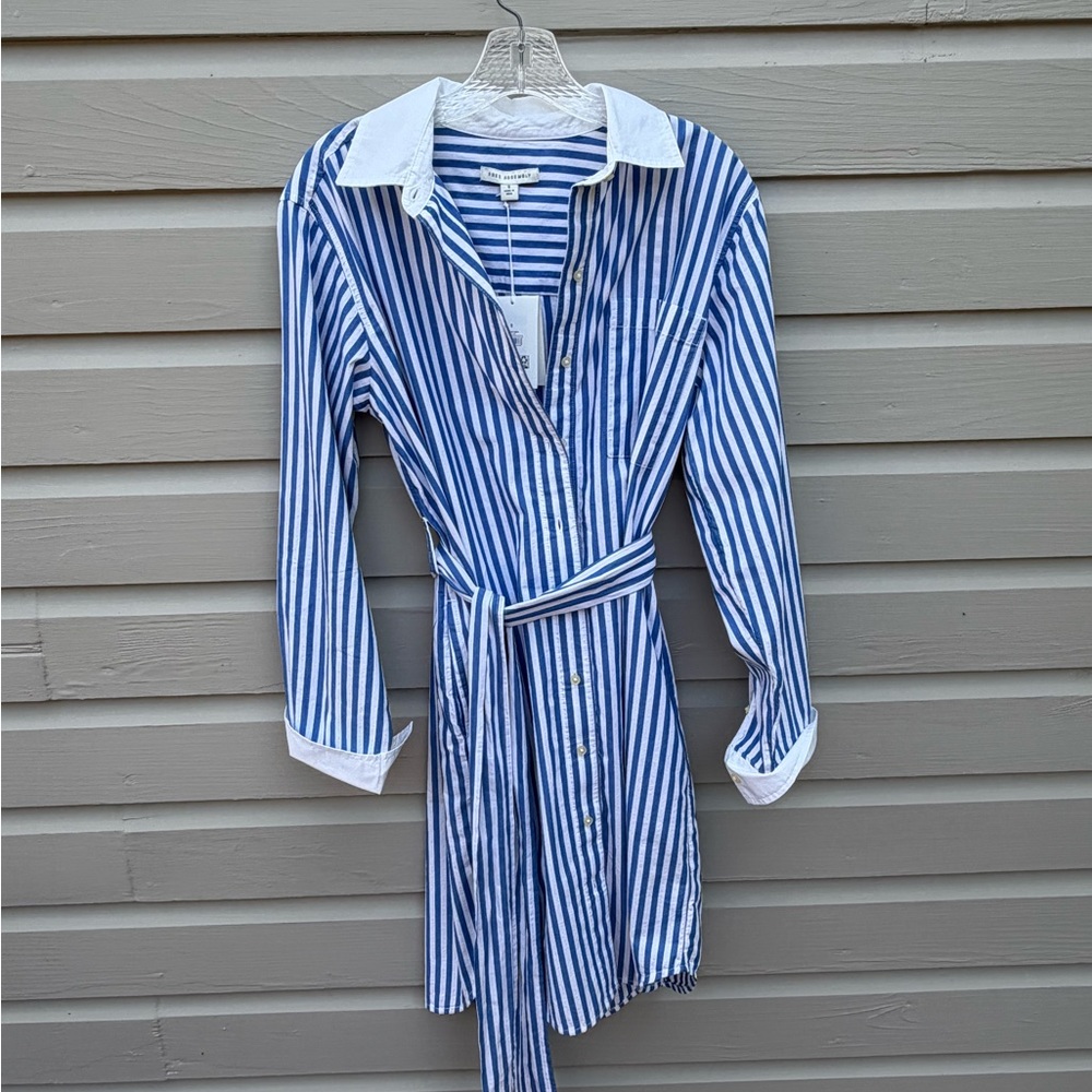 Striped Blue & White Collard Shirt Dress with Tie Waist Free Assembly - Picture 3 of 5